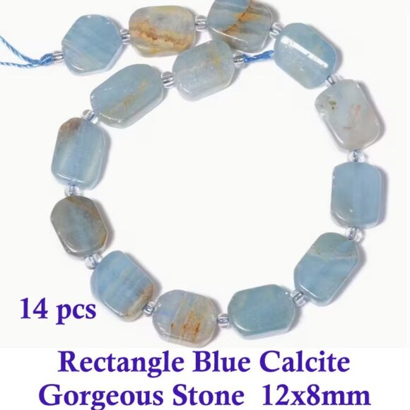 Natural Stone Rectangle Blue Calcite -Gorgeous Stone-  12x8mm  14 Stones - Picture 1 of 2